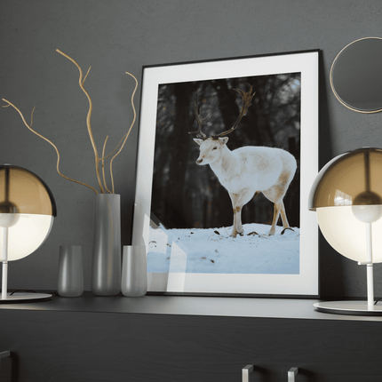 Un tableau d'un cerf blanc mis sur un meuble